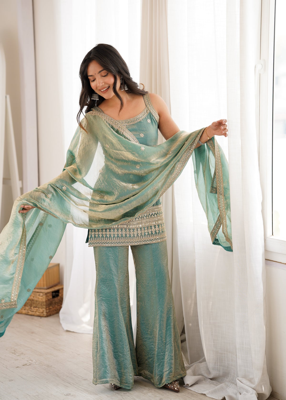 SEA GREEN FENDY SILK EMBROIDERED KURTA WITH BELL BOTTOM SET