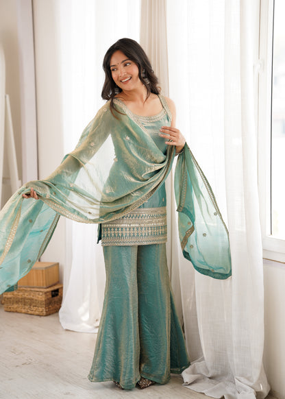 SEA GREEN FENDY SILK EMBROIDERED KURTA WITH BELL BOTTOM SET