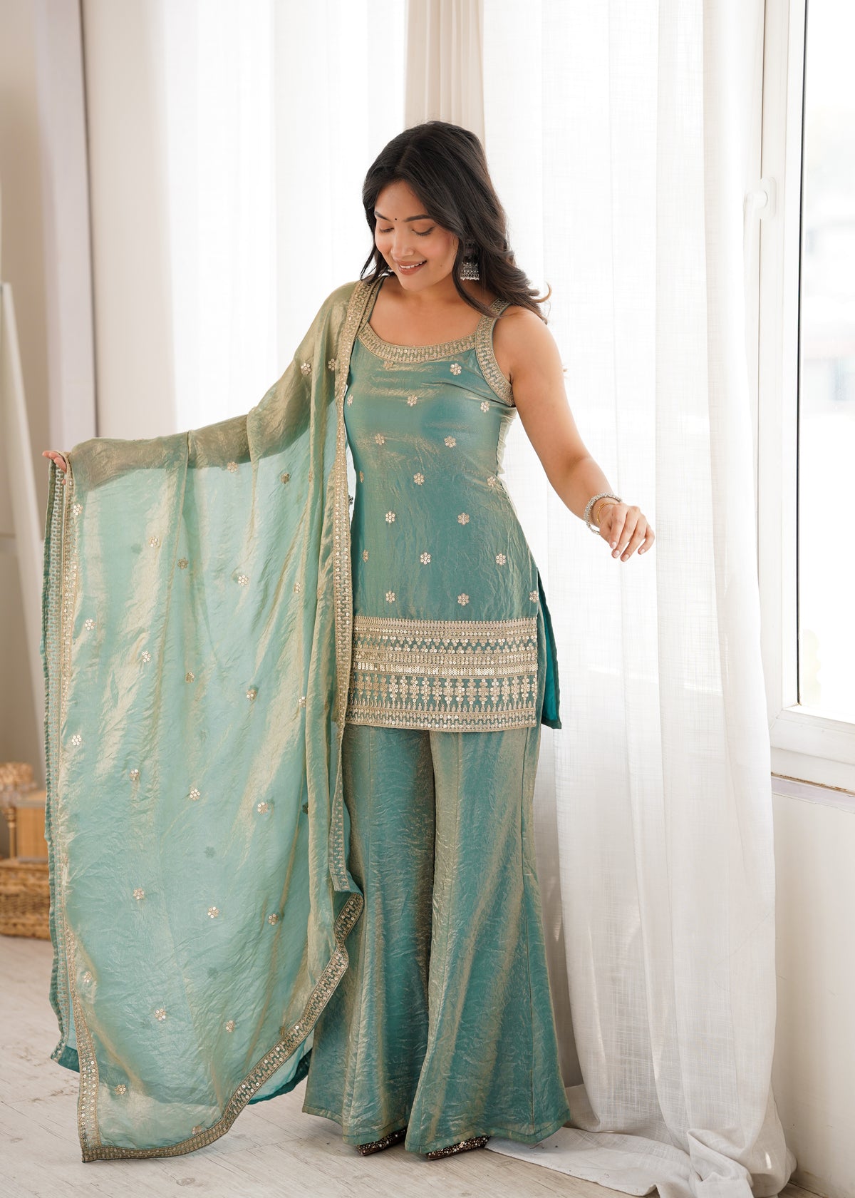SEA GREEN FENDY SILK EMBROIDERED KURTA WITH BELL BOTTOM SET