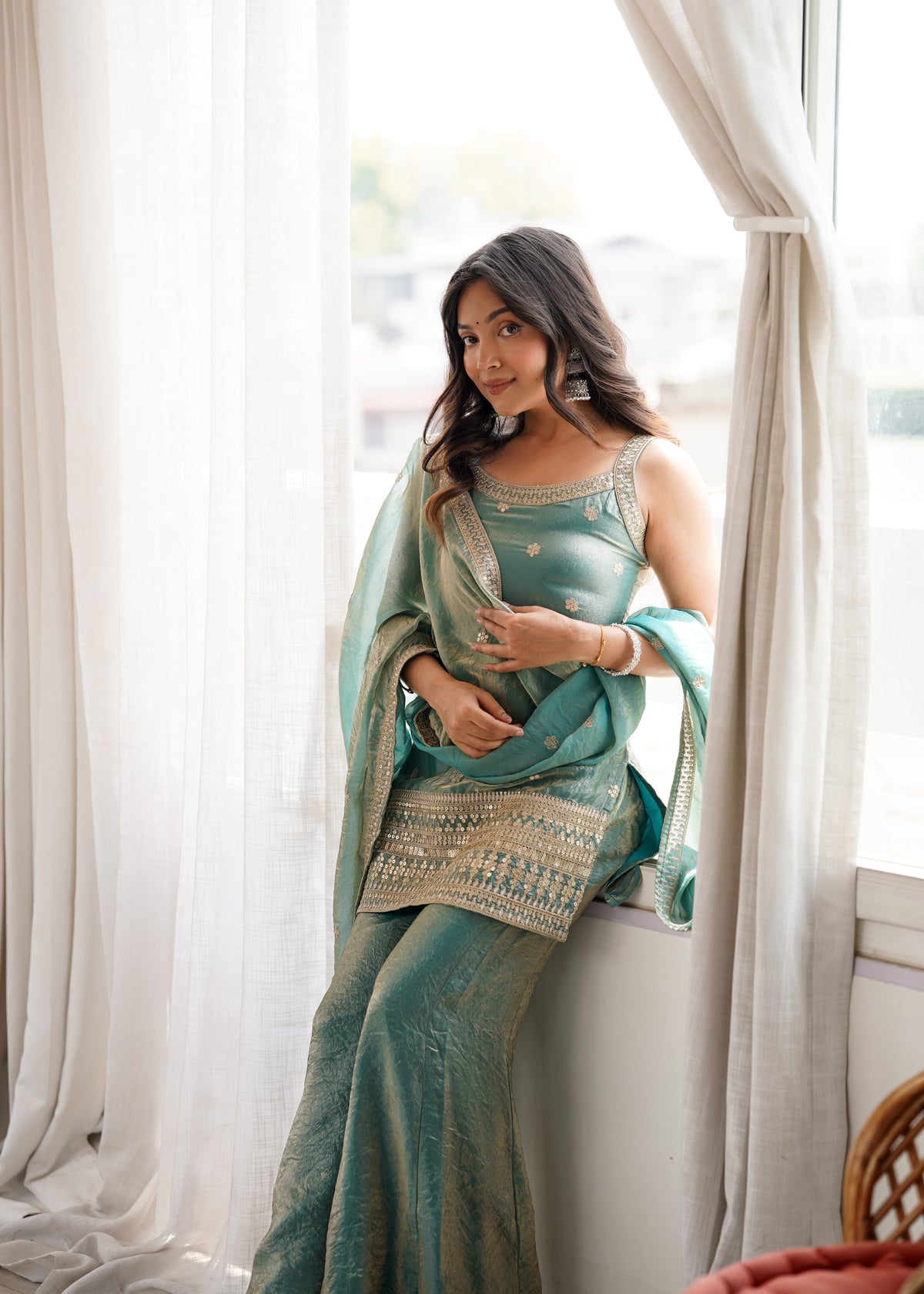 SEA GREEN FENDY SILK EMBROIDERED KURTA WITH BELL BOTTOM SET