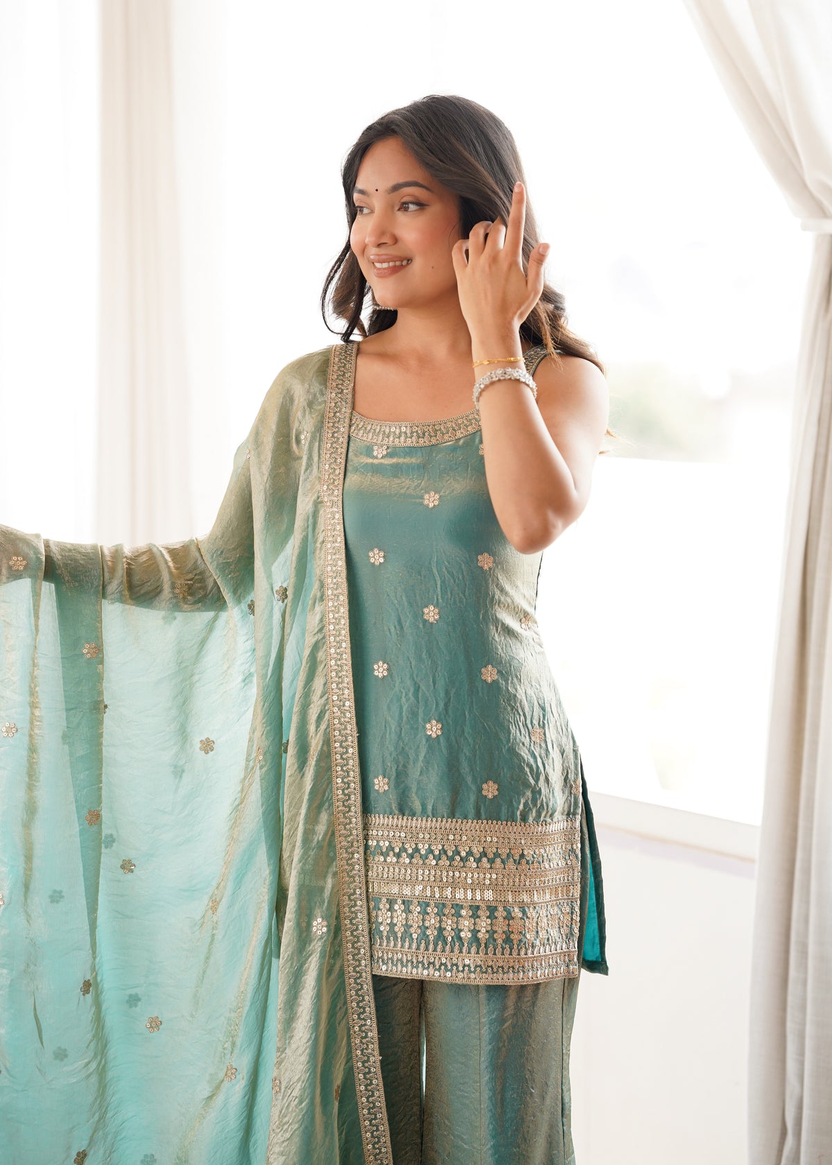 SEA GREEN FENDY SILK EMBROIDERED KURTA WITH BELL BOTTOM SET