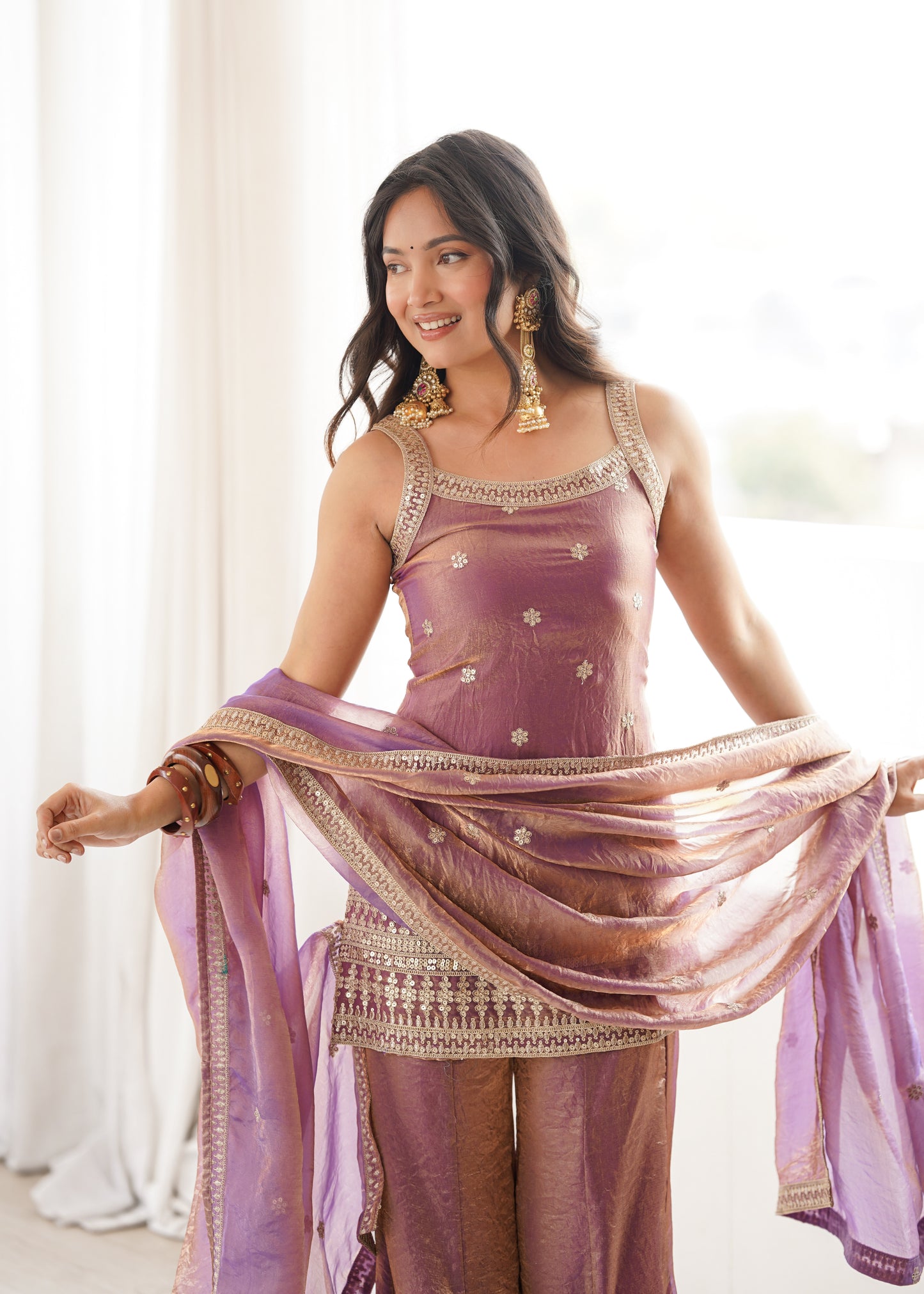 DUSTY PINK FENDY SILK EMBROIDERED KURTA WITH BELL BOTTOM SET