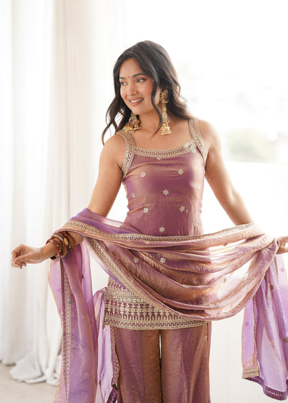 DUSTY PINK FENDY SILK EMBROIDERED KURTA WITH BELL BOTTOM SET