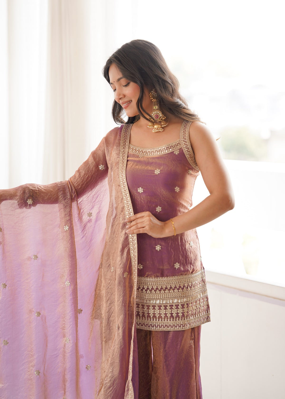 DUSTY PINK FENDY SILK EMBROIDERED KURTA WITH BELL BOTTOM SET