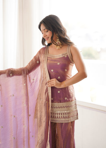 DUSTY PINK FENDY SILK EMBROIDERED KURTA WITH BELL BOTTOM SET
