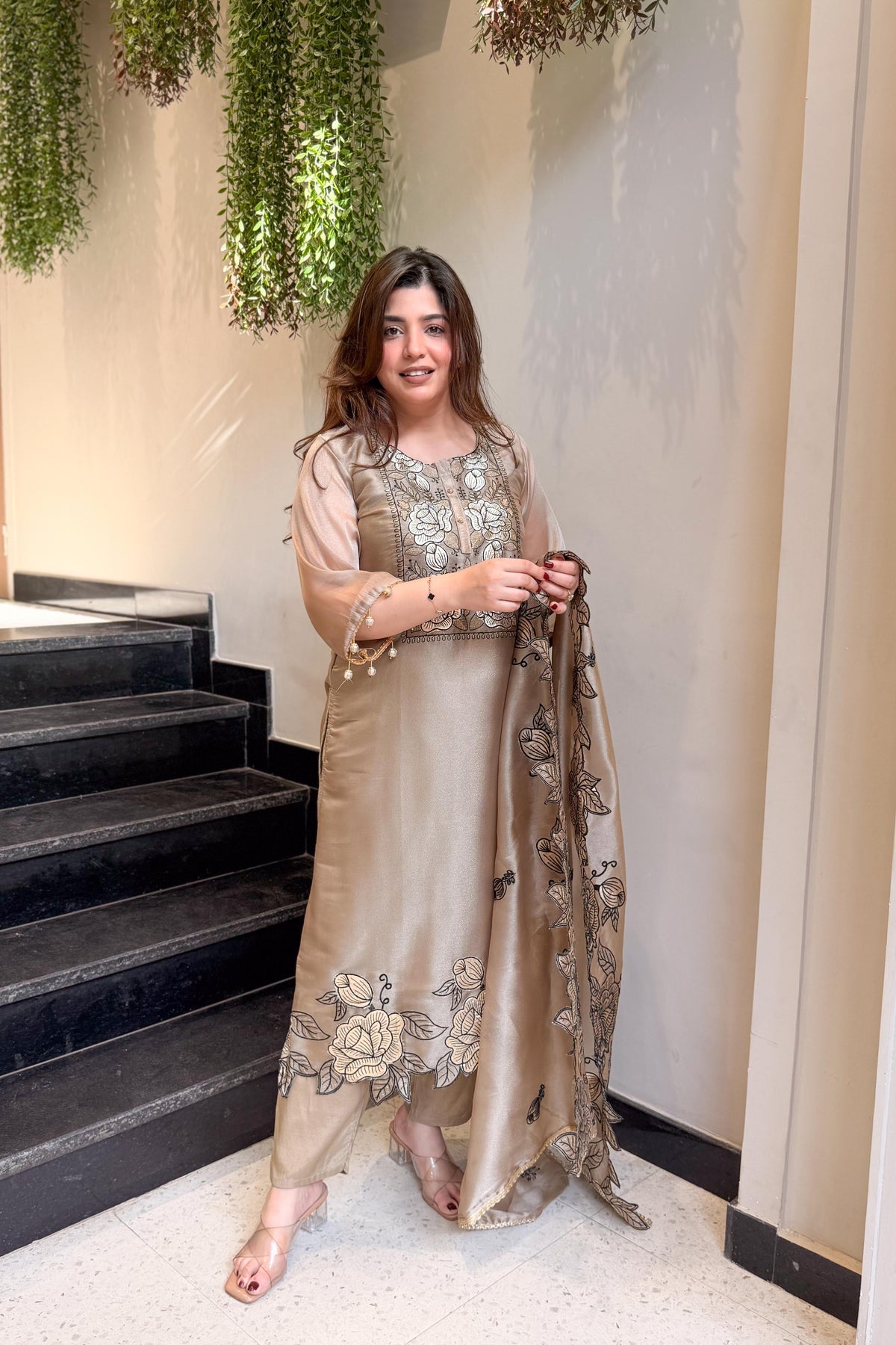ROYAL GRACE BEIGE COLOR SILK KURTA PANT DUPATTA SET