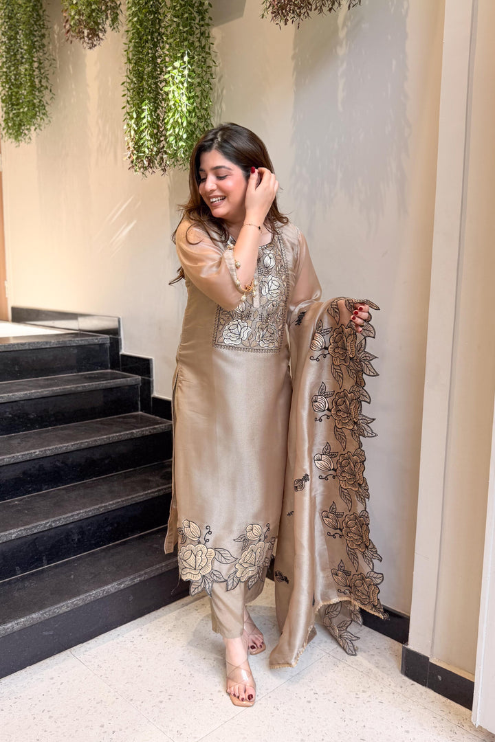 ROYAL GRACE BEIGE COLOR SILK KURTA PANT DUPATTA SET