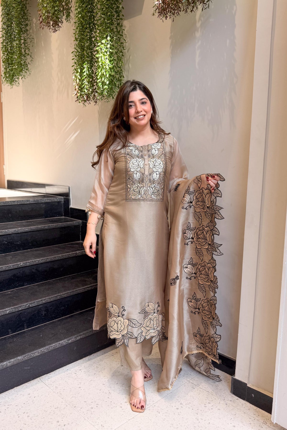 ROYAL GRACE BEIGE COLOR SILK KURTA PANT DUPATTA SET
