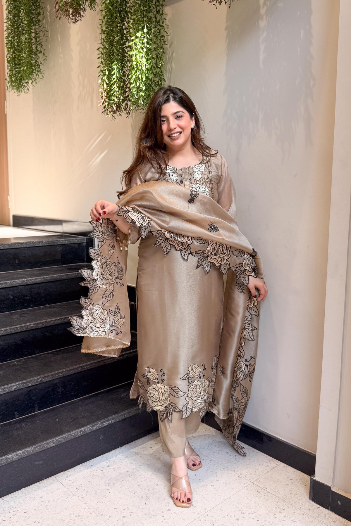 ROYAL GRACE BEIGE COLOR SILK KURTA PANT DUPATTA SET