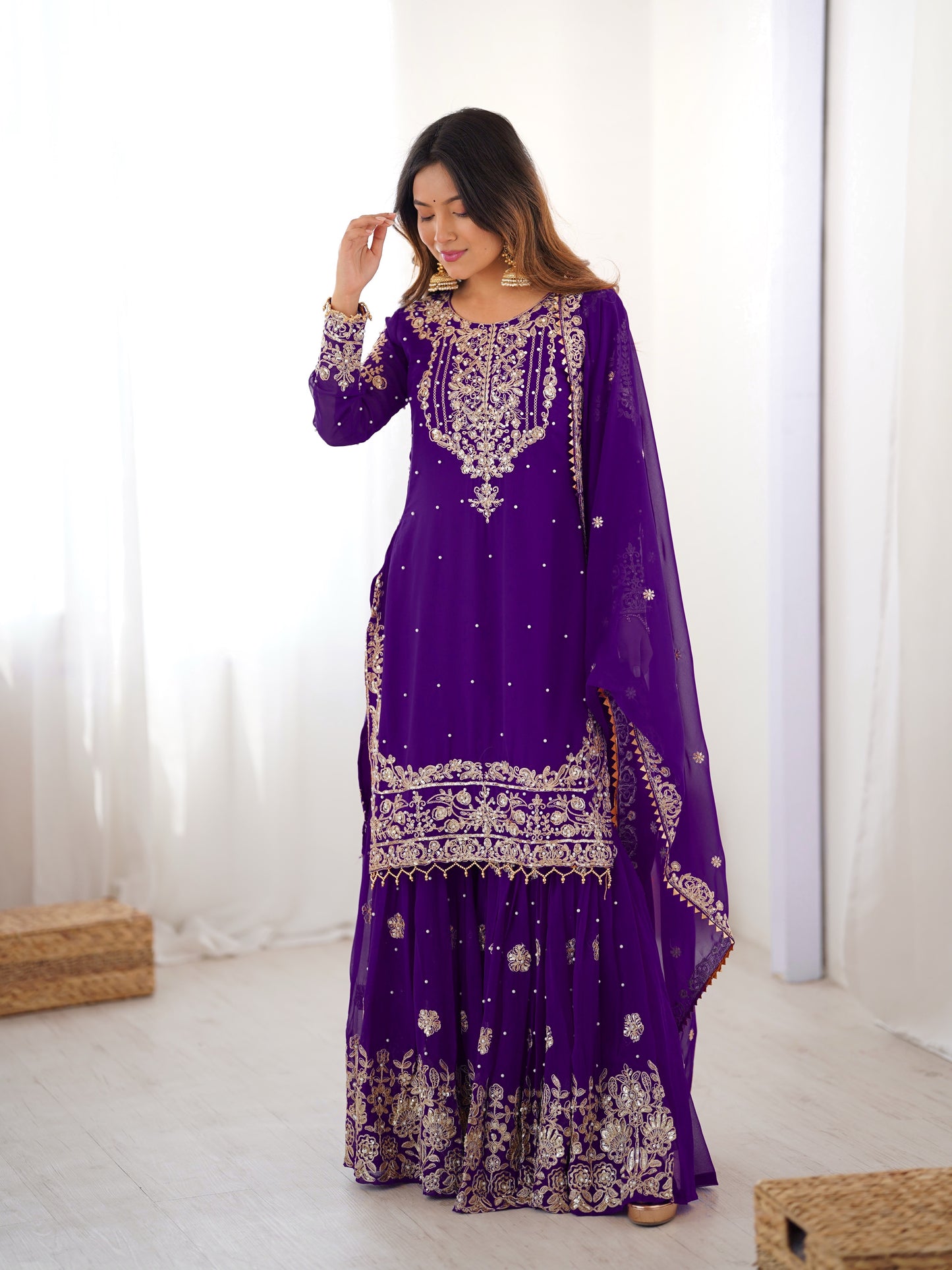 PURPLE COLOR FAUX GEORGETTE FABRIC SEQUENCE AND THREAD WITH PEARL WORK SHARARA SET