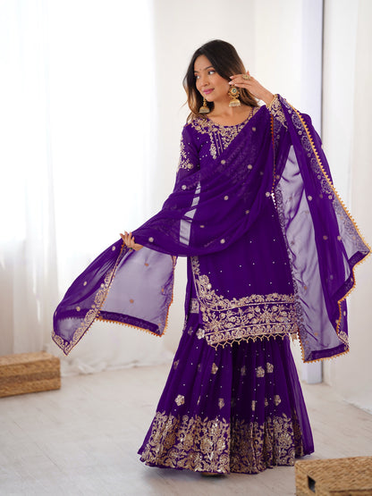 PURPLE COLOR FAUX GEORGETTE FABRIC SEQUENCE AND THREAD WITH PEARL WORK SHARARA SET