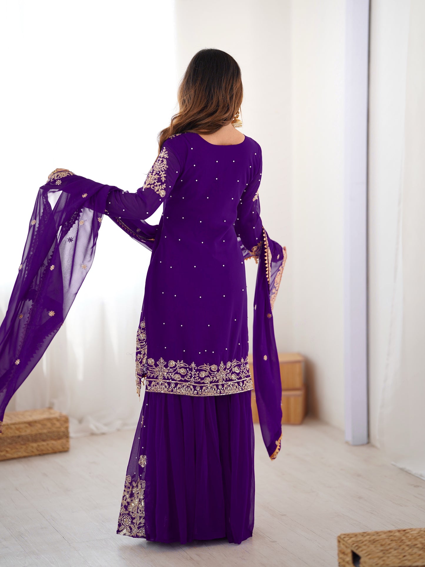 PURPLE COLOR FAUX GEORGETTE FABRIC SEQUENCE AND THREAD WITH PEARL WORK SHARARA SET