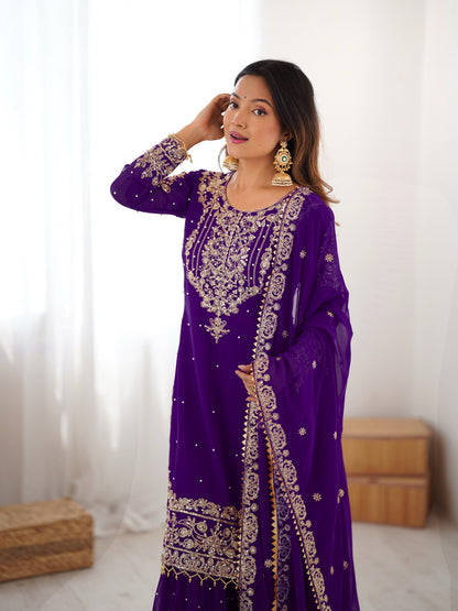 PURPLE COLOR FAUX GEORGETTE FABRIC SEQUENCE AND THREAD WITH PEARL WORK SHARARA SET