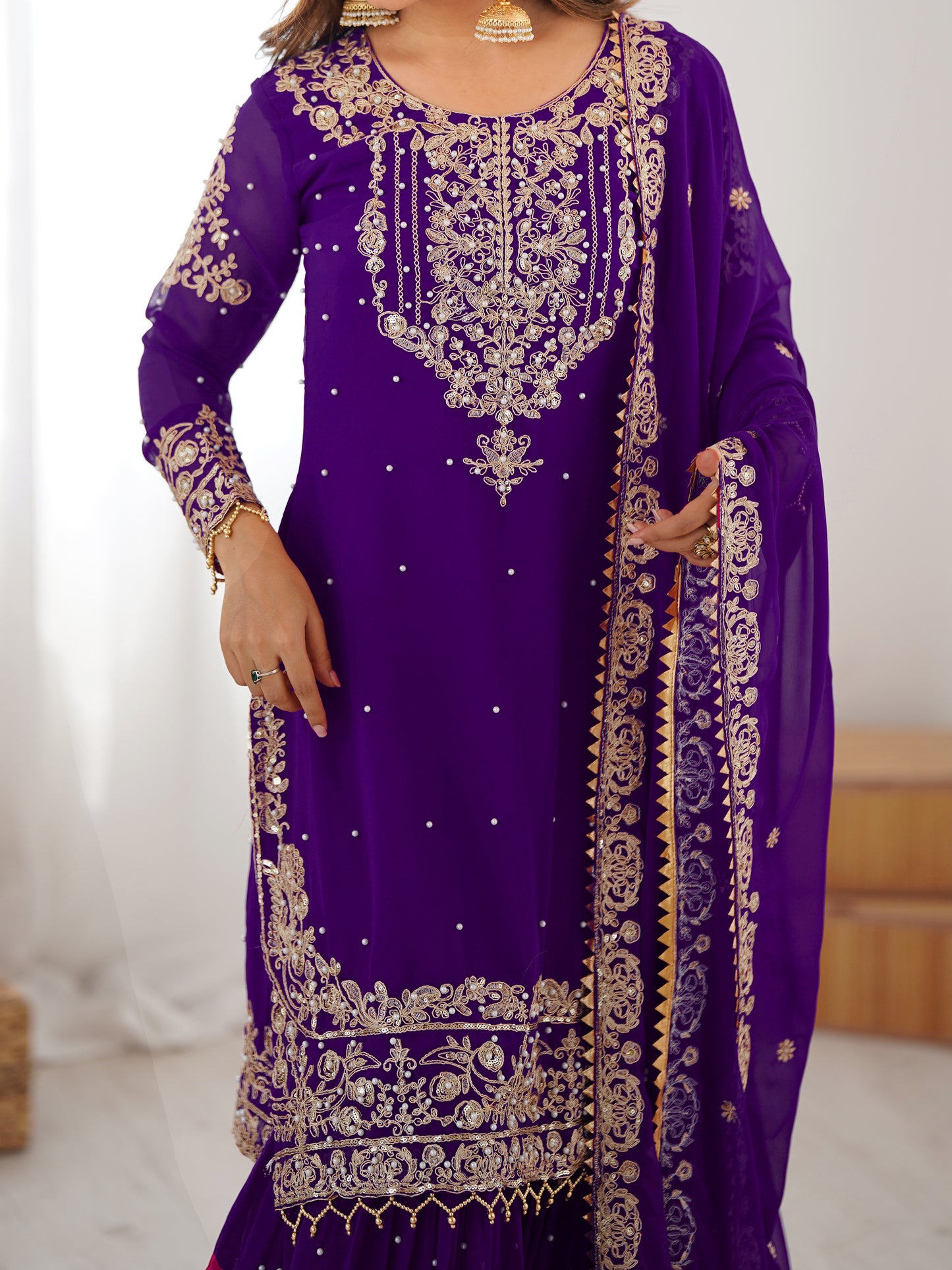 PURPLE COLOR FAUX GEORGETTE FABRIC SEQUENCE AND THREAD WITH PEARL WORK SHARARA SET