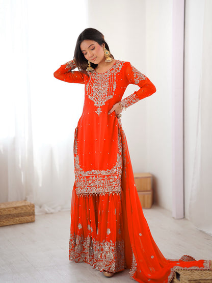 ORANGE COLOR FAUX GEORGETTE FABRIC SEQUENCE AND THREAD WITH PEARL WORK SHARARA SET