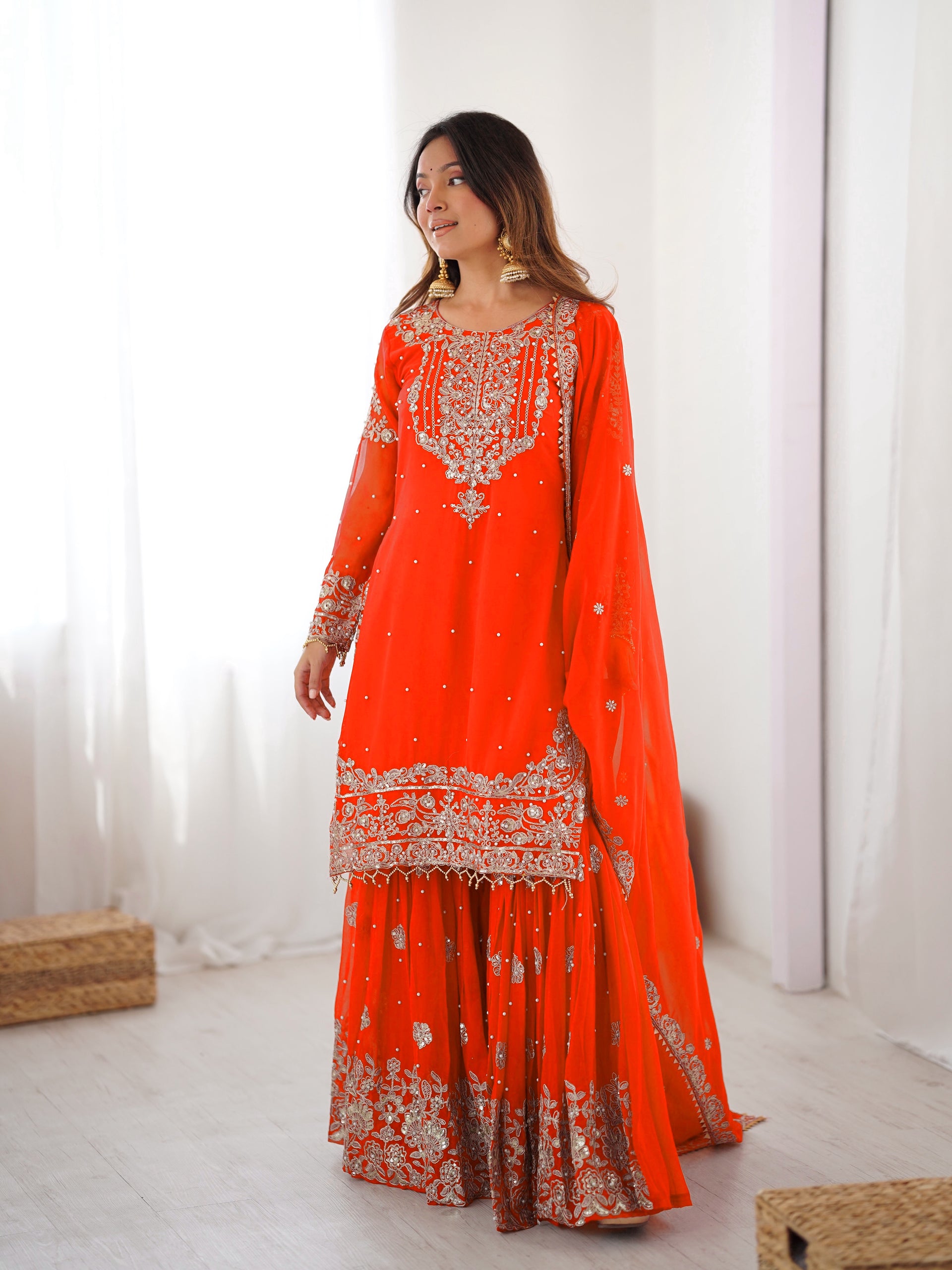 ORANGE COLOR FAUX GEORGETTE FABRIC SEQUENCE AND THREAD WITH PEARL WORK SHARARA SET