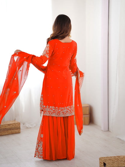 ORANGE COLOR FAUX GEORGETTE FABRIC SEQUENCE AND THREAD WITH PEARL WORK SHARARA SET