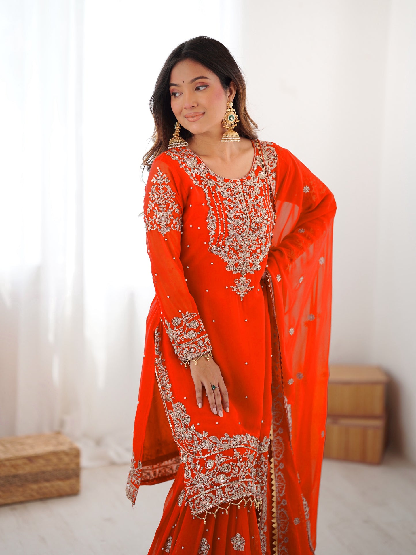 ORANGE COLOR FAUX GEORGETTE FABRIC SEQUENCE AND THREAD WITH PEARL WORK SHARARA SET