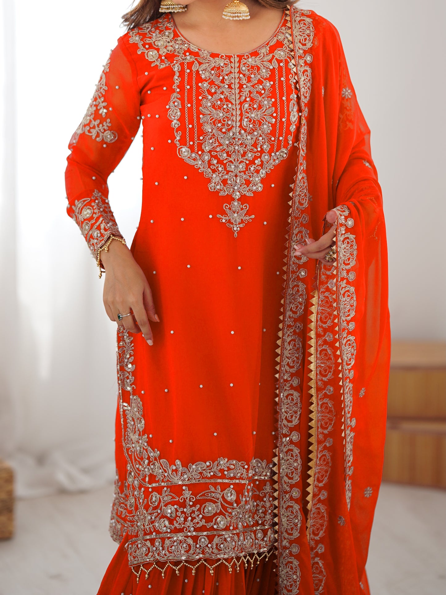 ORANGE COLOR FAUX GEORGETTE FABRIC SEQUENCE AND THREAD WITH PEARL WORK SHARARA SET
