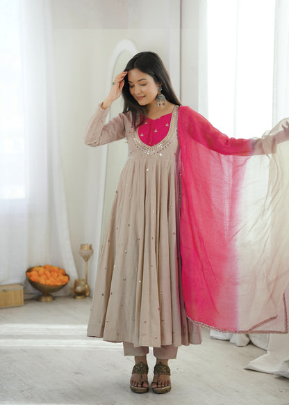 BEIGE & BRIGHT PINK EMBELLISHED ANARKALI SUIT SET