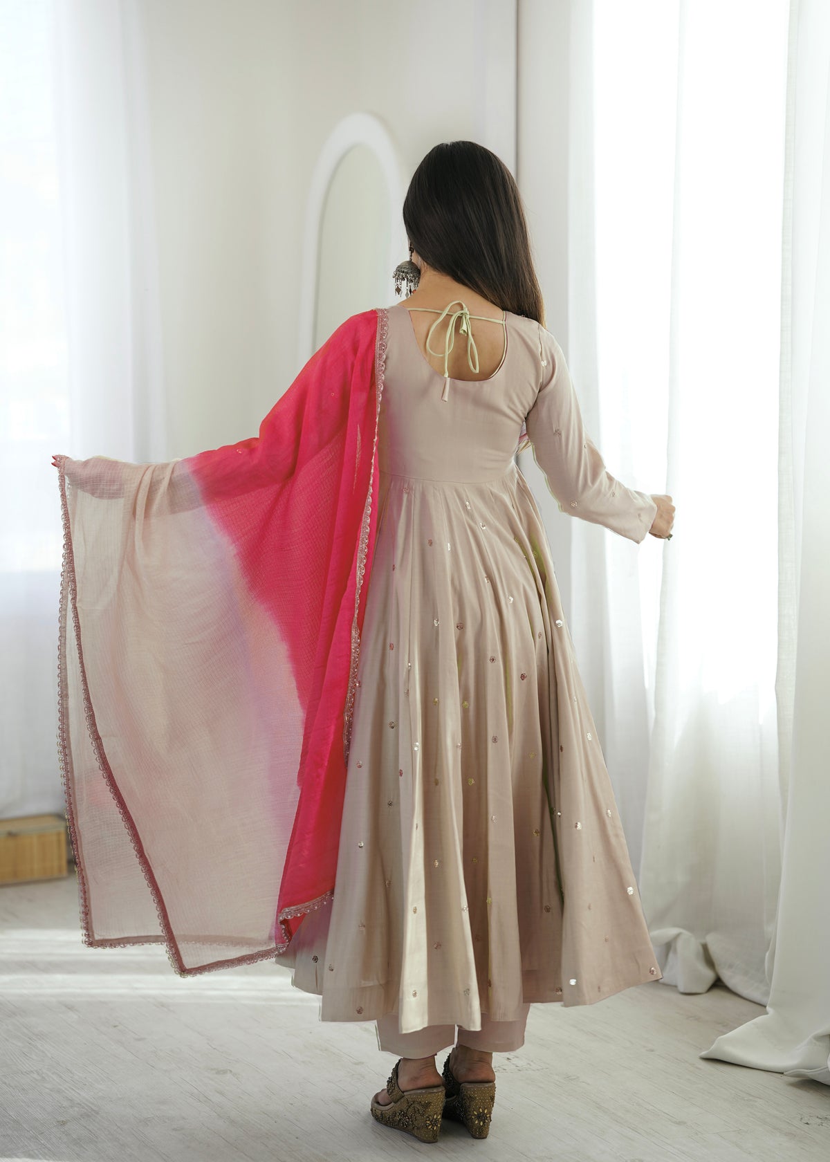 BEIGE & BRIGHT PINK EMBELLISHED ANARKALI SUIT SET