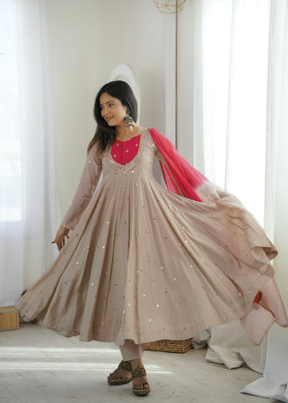 BEIGE & BRIGHT PINK EMBELLISHED ANARKALI SUIT SET