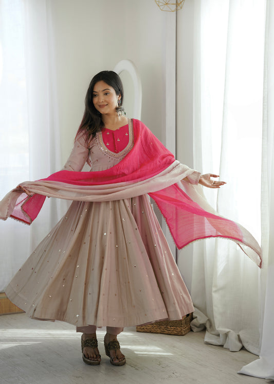 BEIGE & BRIGHT PINK EMBELLISHED ANARKALI SUIT SET
