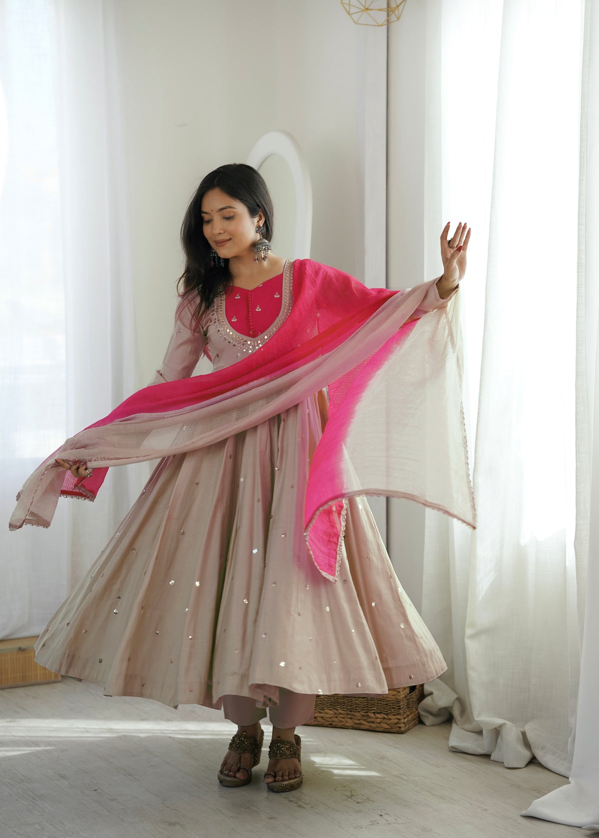 BEIGE & BRIGHT PINK EMBELLISHED ANARKALI SUIT SET
