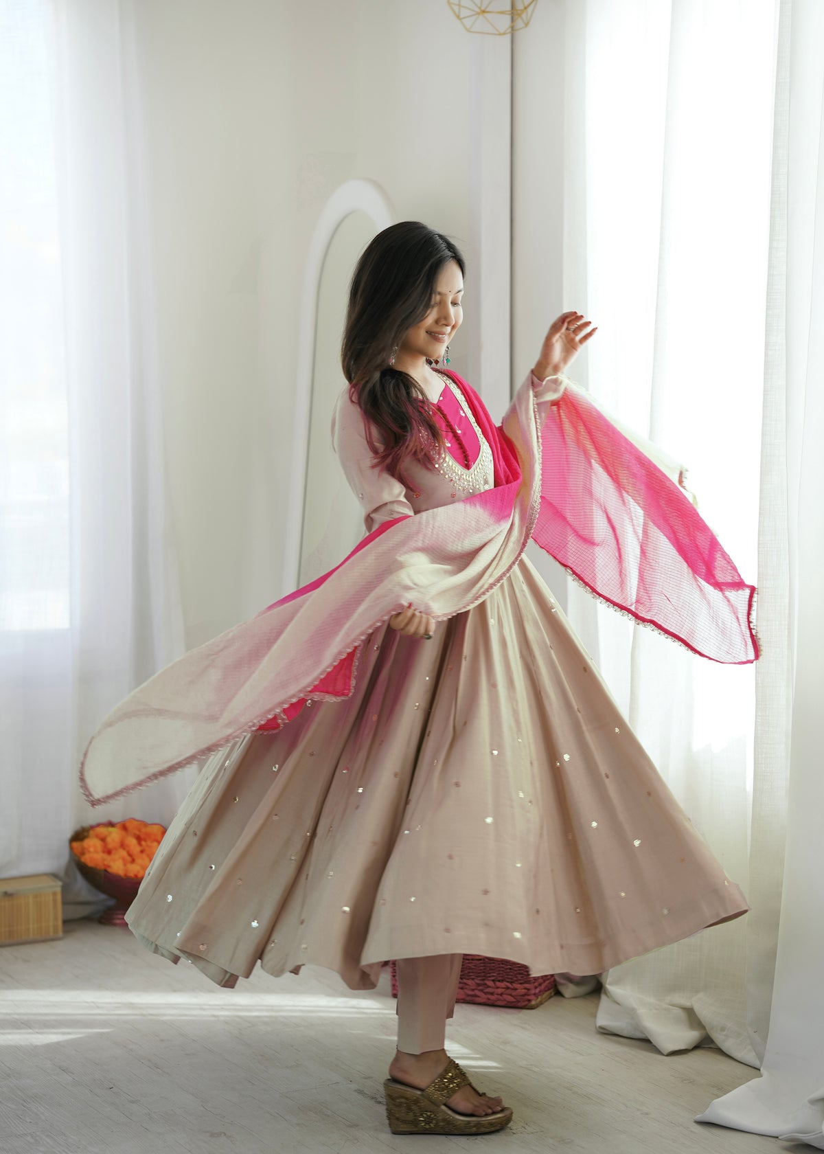 BEIGE & BRIGHT PINK EMBELLISHED ANARKALI SUIT SET