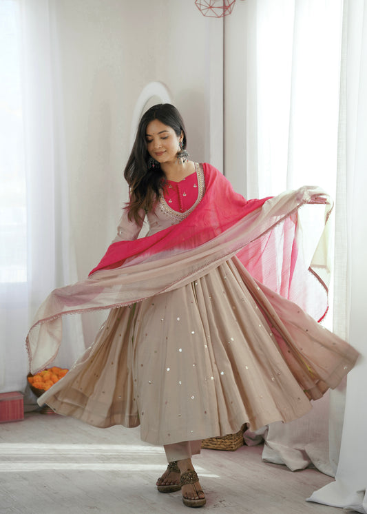 BEIGE & BRIGHT PINK EMBELLISHED ANARKALI SUIT SET