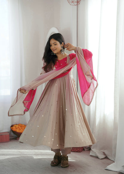 BEIGE & BRIGHT PINK EMBELLISHED ANARKALI SUIT SET