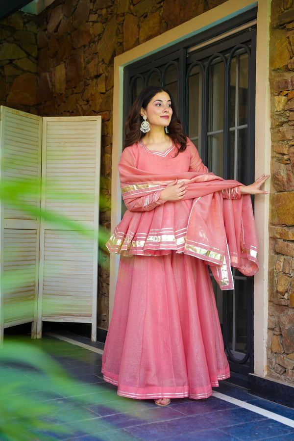 PINK COLOR TISSUE CRUSH FABRIC KURTA SUIT SET OF 3