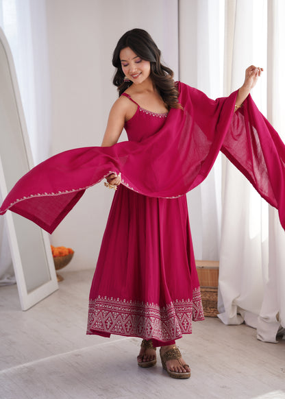 GULBAHAR PINK EMBROIDERED FLARED ANARKALI SUIT SET
