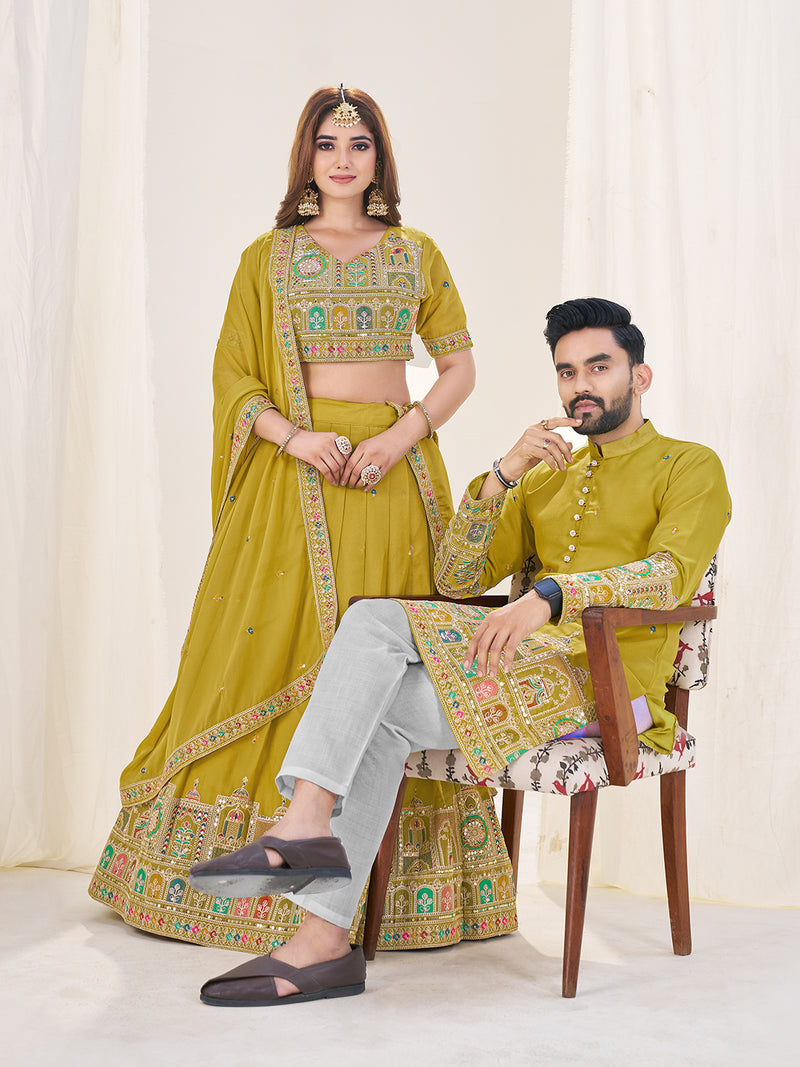 LIME GREEN EMBROIDERED LEHENGA CHOLI & MATCHING MEN'S KURTA SET COMBO