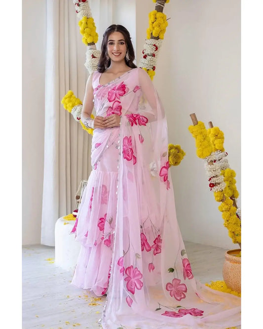 LIGHT PINK FLORAL PRINT GEORGETTE RUFFLE SAREE WITH STITCHED BLOUSE