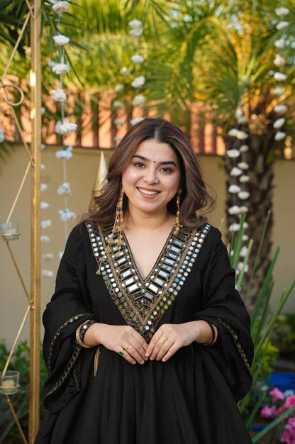BLACK COLOR CHINON SILK BASE SHARARA SET