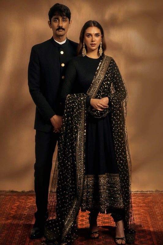 ADITI RAO INSPIRED BLACK GEORGETTE BASE EMBROIDERED ANARKALI SUIT SET