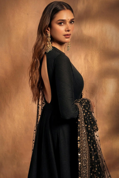 ADITI RAO INSPIRED BLACK RAYON BASE EMBROIDERED ANARKALI SUIT SET