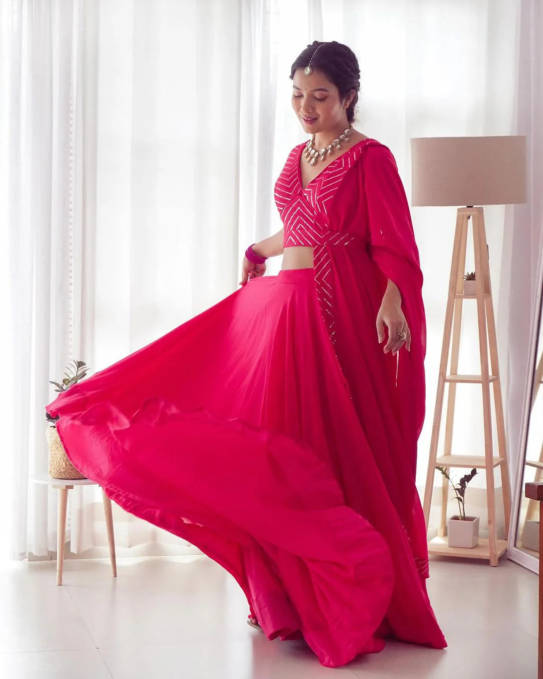 PINK FULL FLAIRY PURE SOFT GEORGETTE FULL STITCHED LEHENGA CHOLI Cholicart