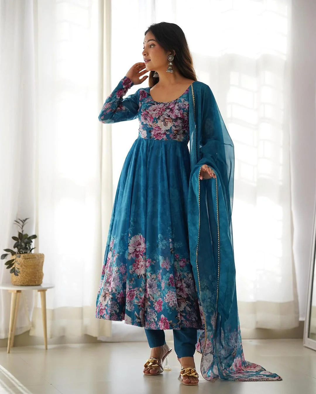 RAMA COLOR FLORAL PRINT ORGANZA THREE PIECE ANARKALI SUIT
