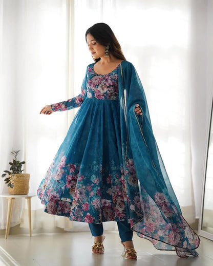 RAMA COLOR FLORAL PRINT ORGANZA THREE PIECE ANARKALI SUIT