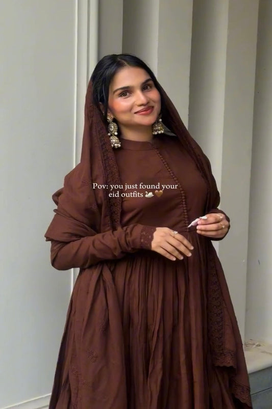 BROWN ROMAN SILK EMBROIDERED ANARKALI SET