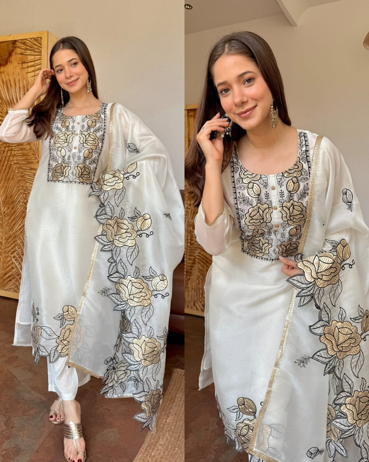 WHITE COLOR FLORAL EMOBROIDERED SILK BASE KURTA PANT DUPATTA SET