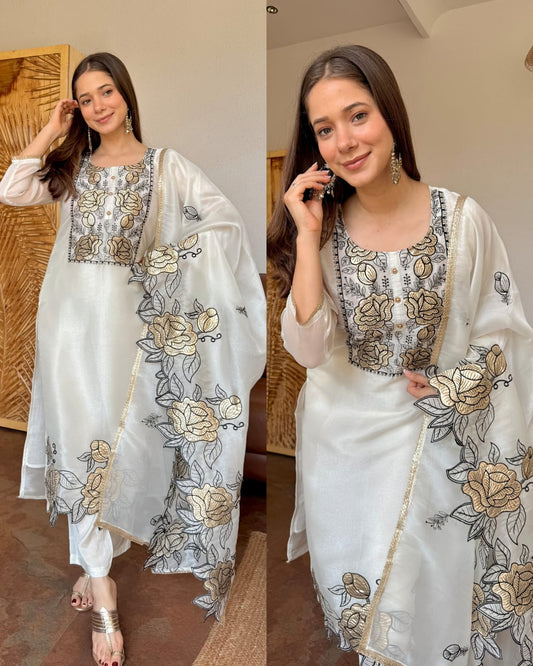 WHITE COLOR FLORAL EMOBROIDERED SILK BASE KURTA PANT DUPATTA SET
