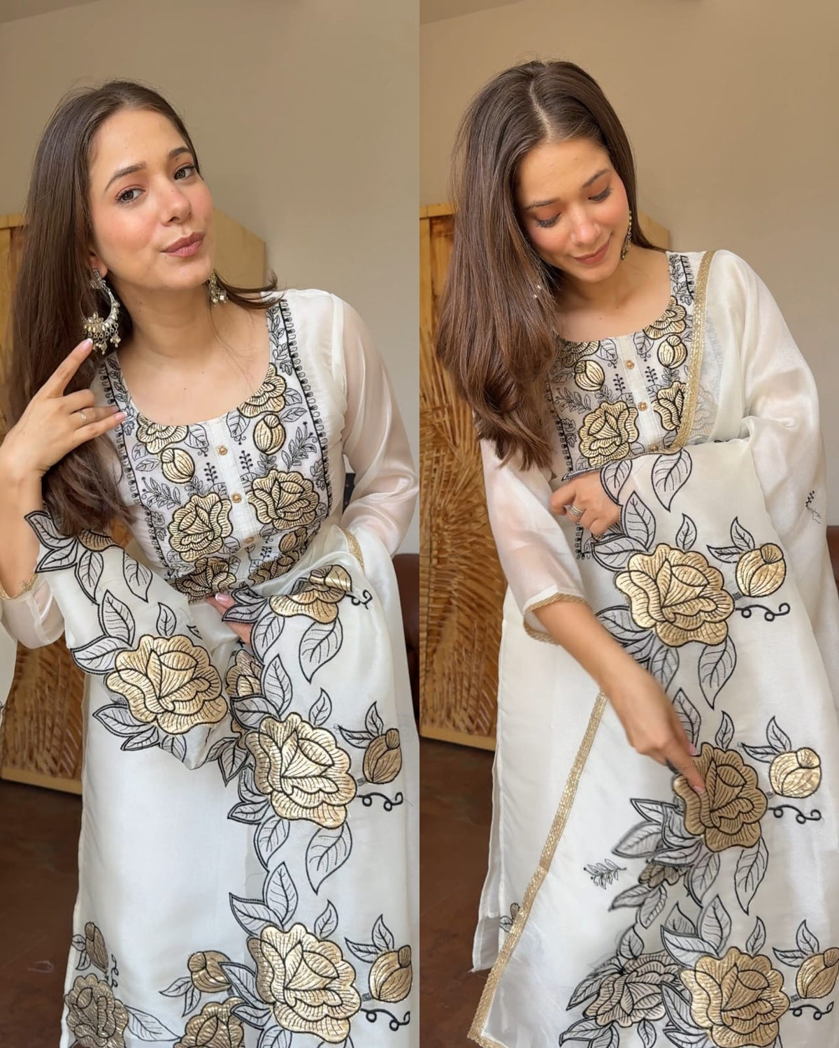 WHITE COLOR FLORAL EMOBROIDERED SILK BASE KURTA PANT DUPATTA SET
