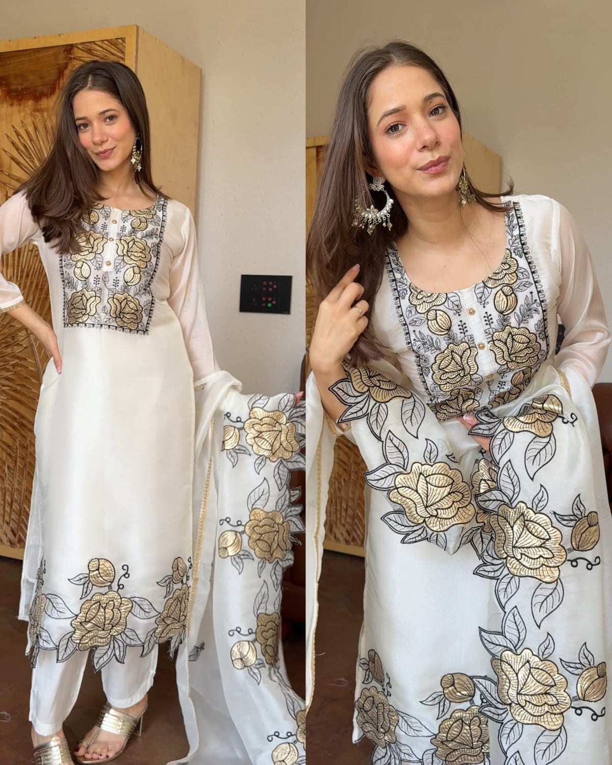 WHITE COLOR FLORAL EMOBROIDERED SILK BASE KURTA PANT DUPATTA SET