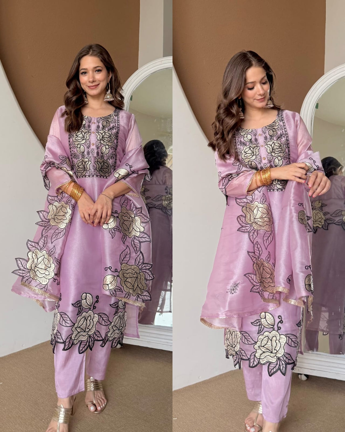 MAUVE COLOR FLORAL EMOBROIDERED SILK BASE KURTA PANT DUPATTA SET
