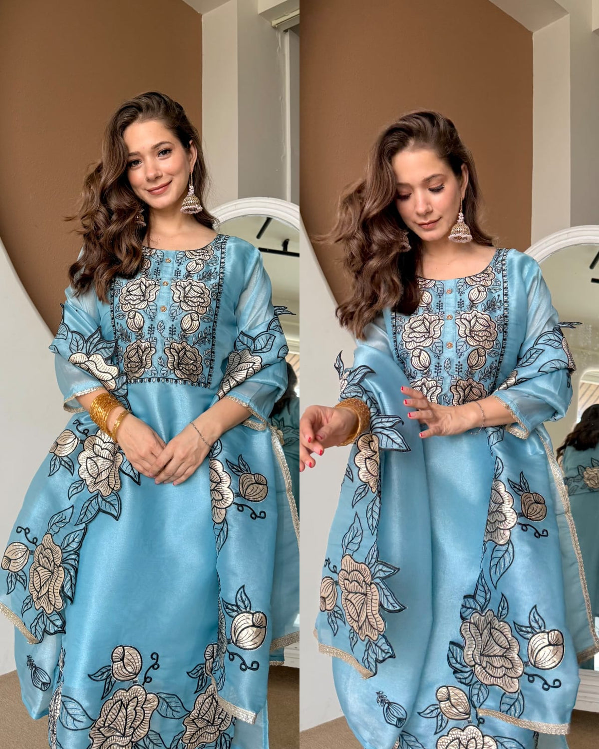 BLUE COLOR FLORAL EMOBROIDERED SILK BASE KURTA PANT DUPATTA SET