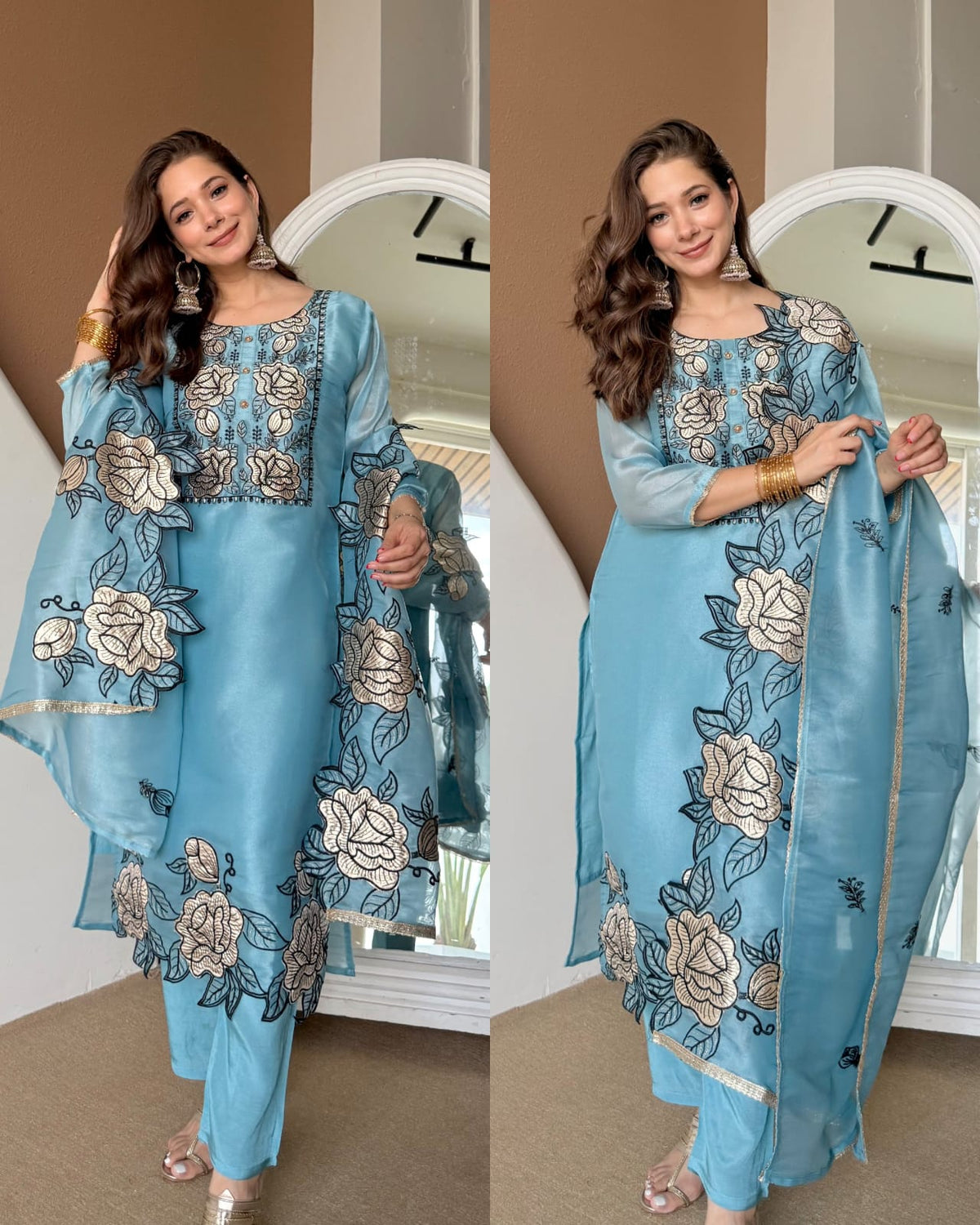 BLUE COLOR FLORAL EMOBROIDERED SILK BASE KURTA PANT DUPATTA SET