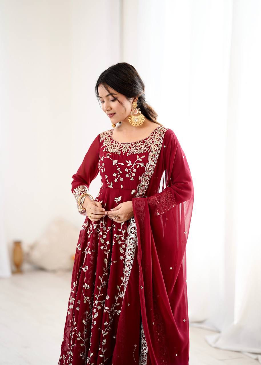 MAROON COLOUR FAUX GEOGETTE BASE EMBROIDERY SEQUENCE WORK ANARKALI GOWN SET OF 3